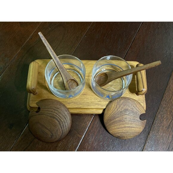 Vintage Teak Wood & Glass Condiment Set With Tray Lids & Spoons by Goodwood - Picture 10 of 10